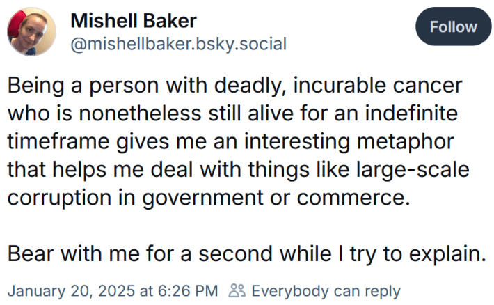 Bluesky post reading "Being a person with deadly, incurable cancer who is nonetheless still alive for an indefinite timeframe gives me an interesting metaphor that helps me deal with things like large-scale corruption in government or commerce. Bear with me for a second while I try to explain."