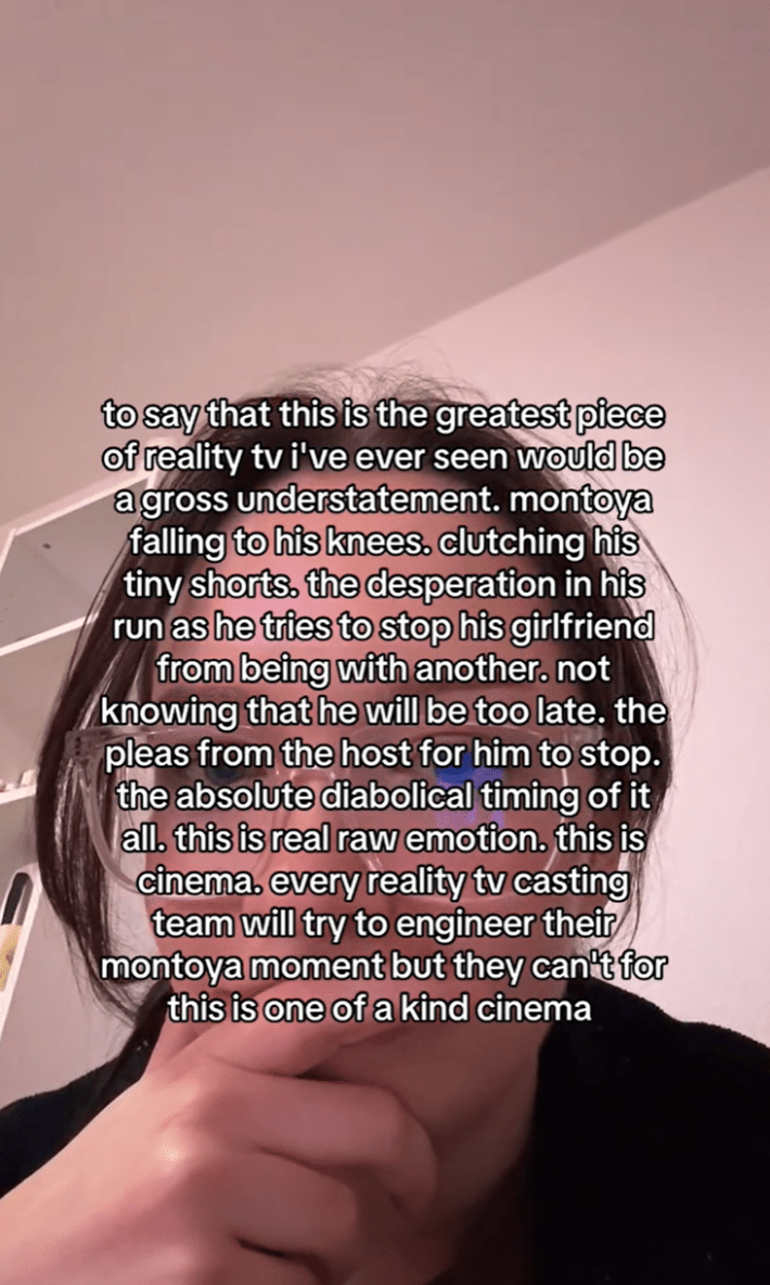 A woman's reaction to the Por favor Montoya meme, calling it the "greatest piece of reality tv i've ever seen"