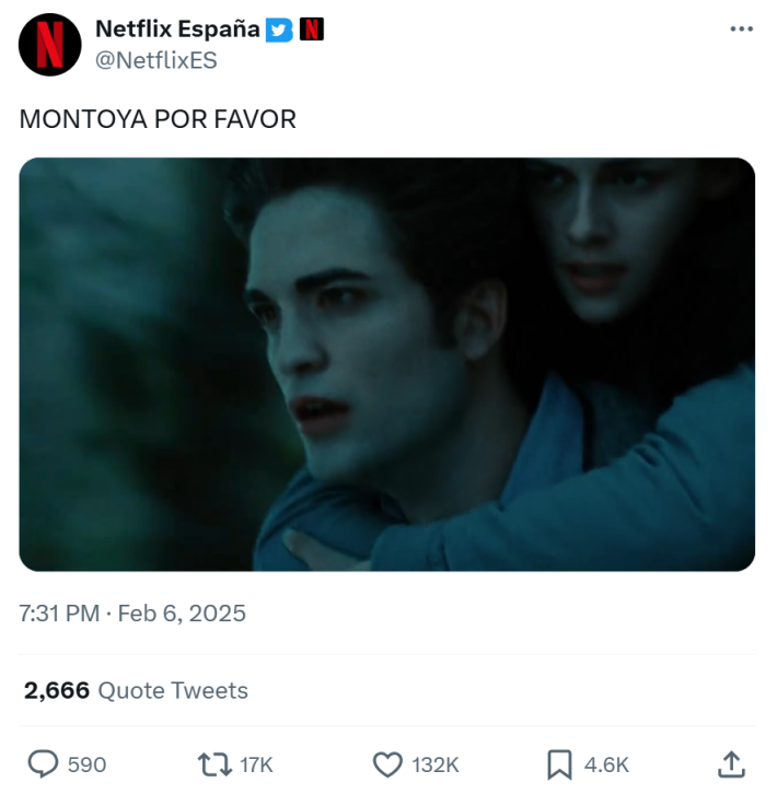 Screencap of Edward running with Bella on his shoulders. Text reads, "MONTOYA POR FAVOR"