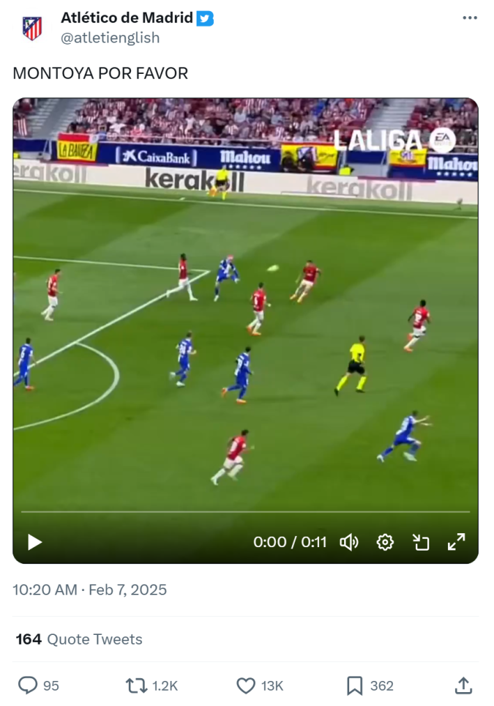 A screenshot of a soccer match from Atletico de Madrid. Text reads, "MONTOYA POR FAVOR"