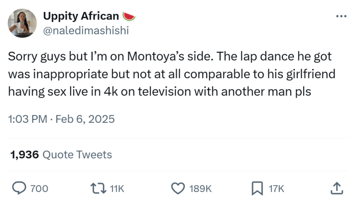 Tweet reaction to the Montoya Por Favor meme. Text reads, "Sorry guys but I’m on Montoya’s side. The lap dance he got was inappropriate but not at all comparable to his girlfriend having sex live in 4k on television with another man pls"