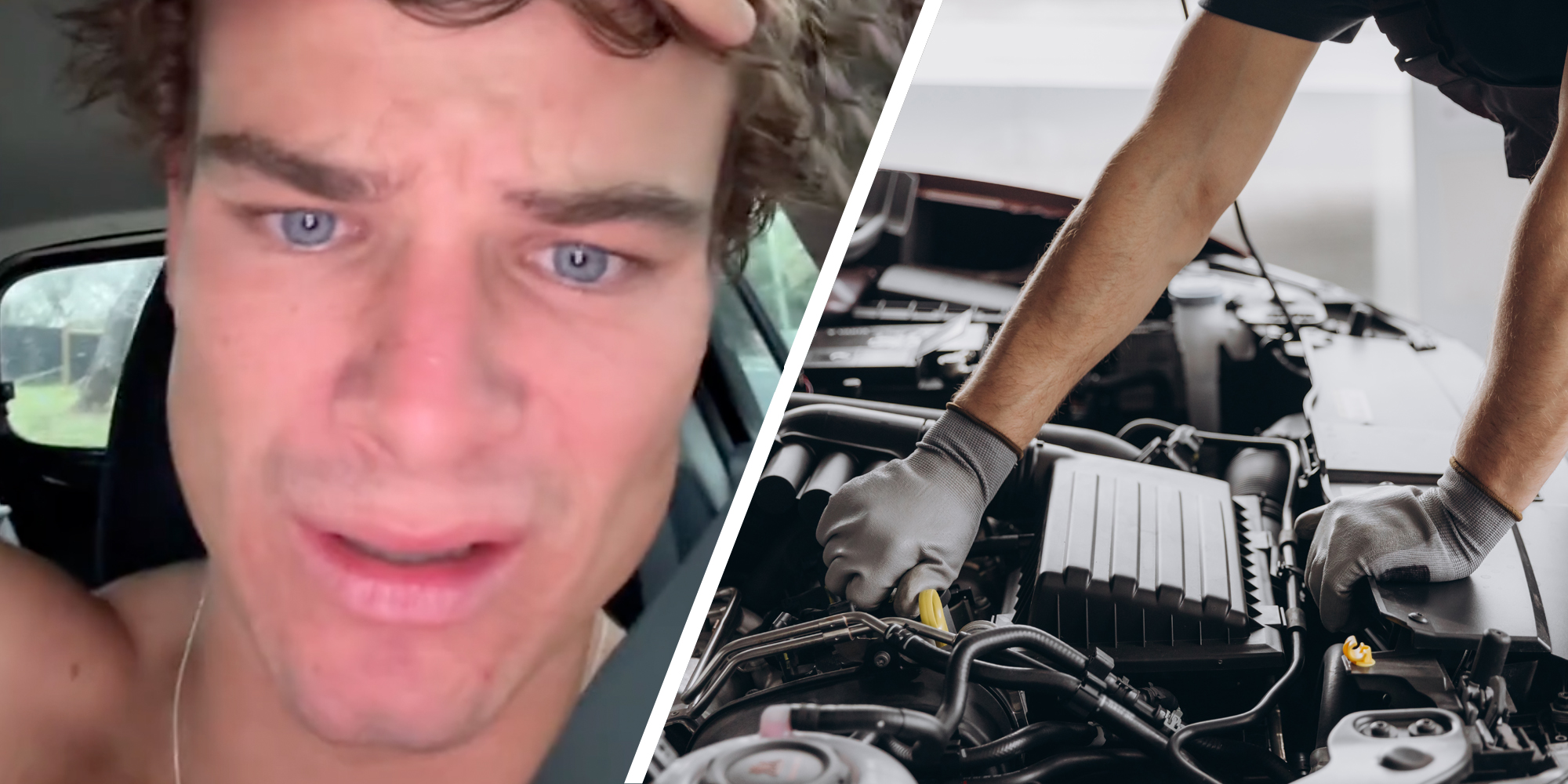 Man talking(l), Mechanic working on car(r)