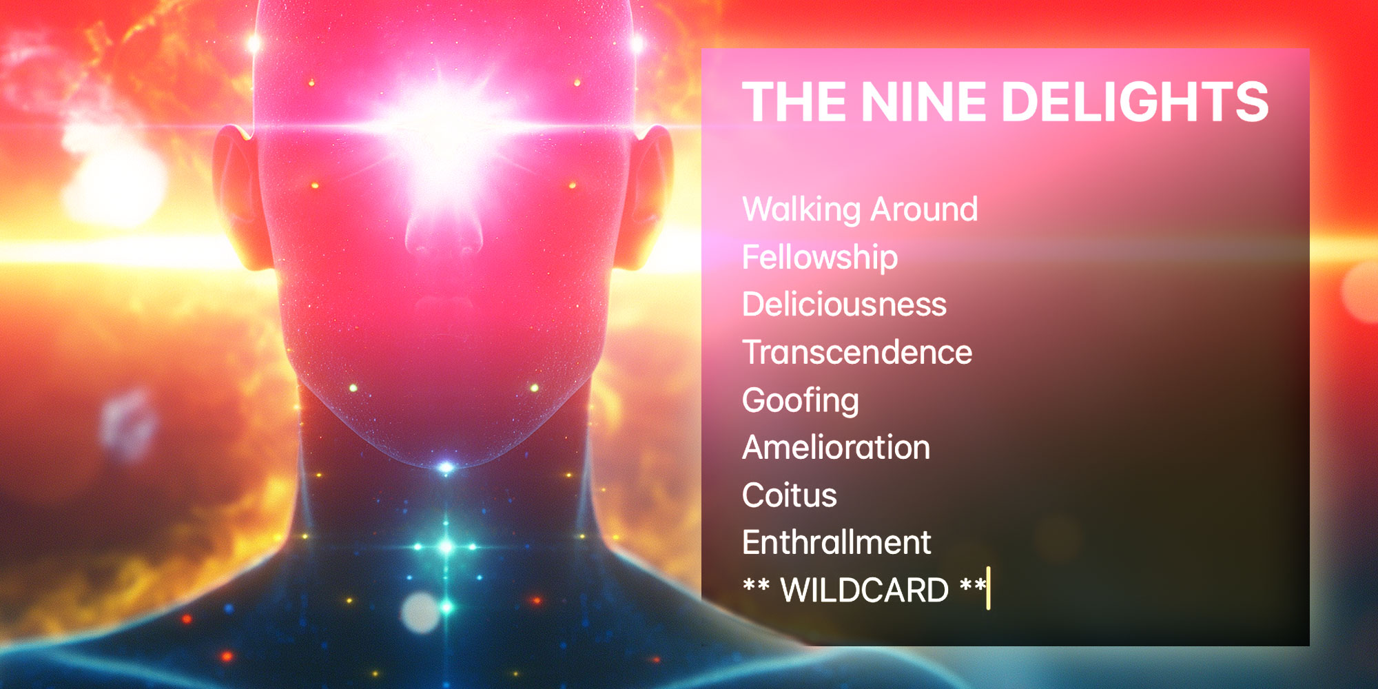 Photo illustration of a human bust in front of a cosmic background; screenshot from Twitter user @i_zzzzzz that reads "THE NINE DELIGHTS; Walking Around, Fellowship, Deliciousness, Transcendence, Goofing, Amelioration, Coitus, Entrallment, **WILDCARD**"