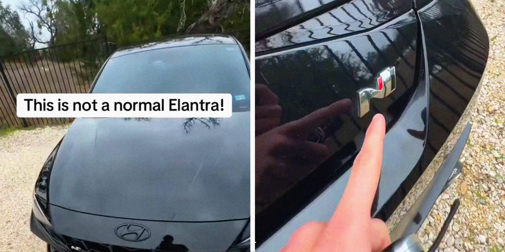 2 panel image showing you a car and a person pointing at it. Text over says: This is not a normal Elantra!