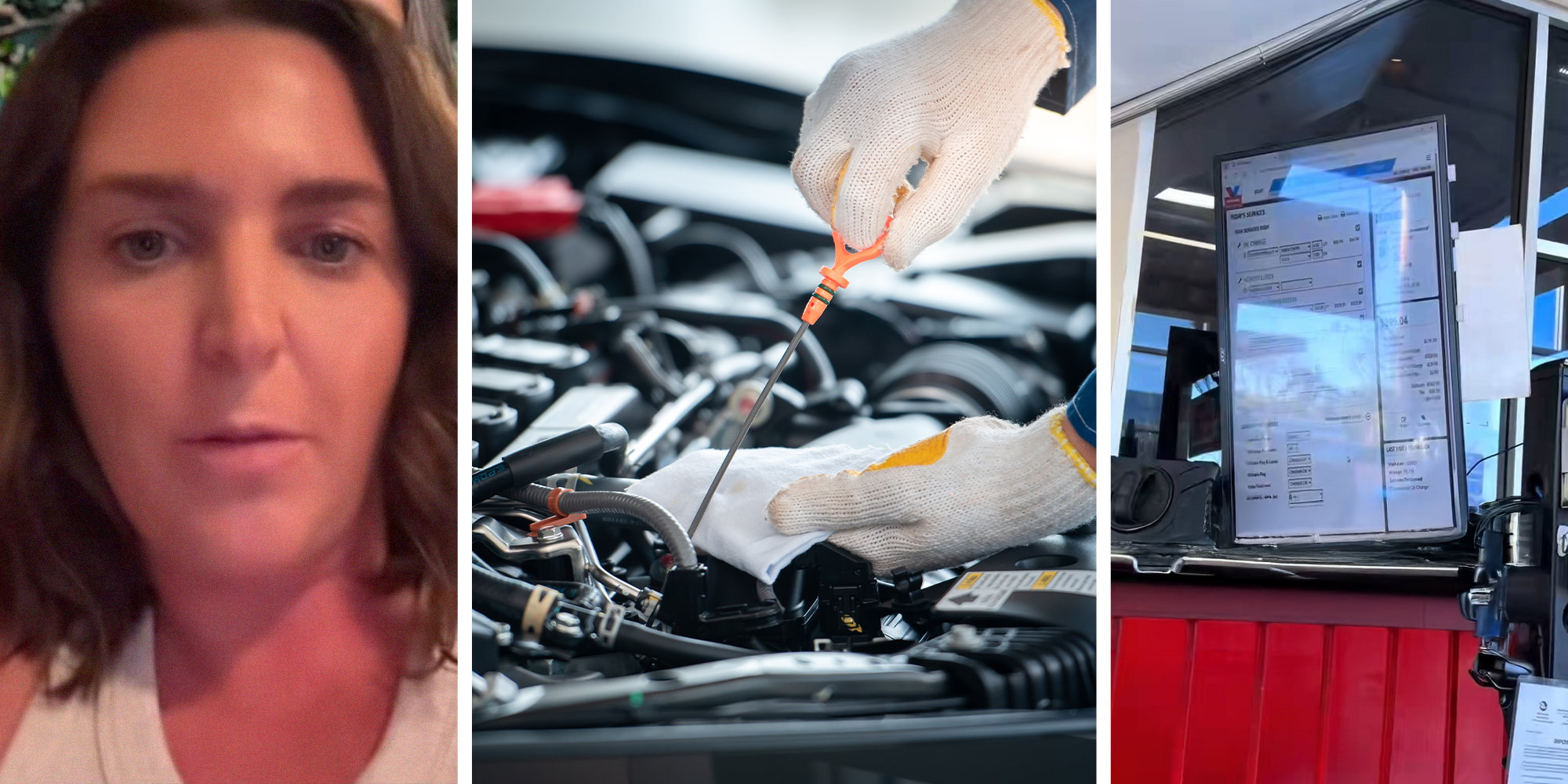 woman shares what happened when she used her coupon(l) Mechanic checking oil level(c) Screen showing receipt at mechanic shop(r)