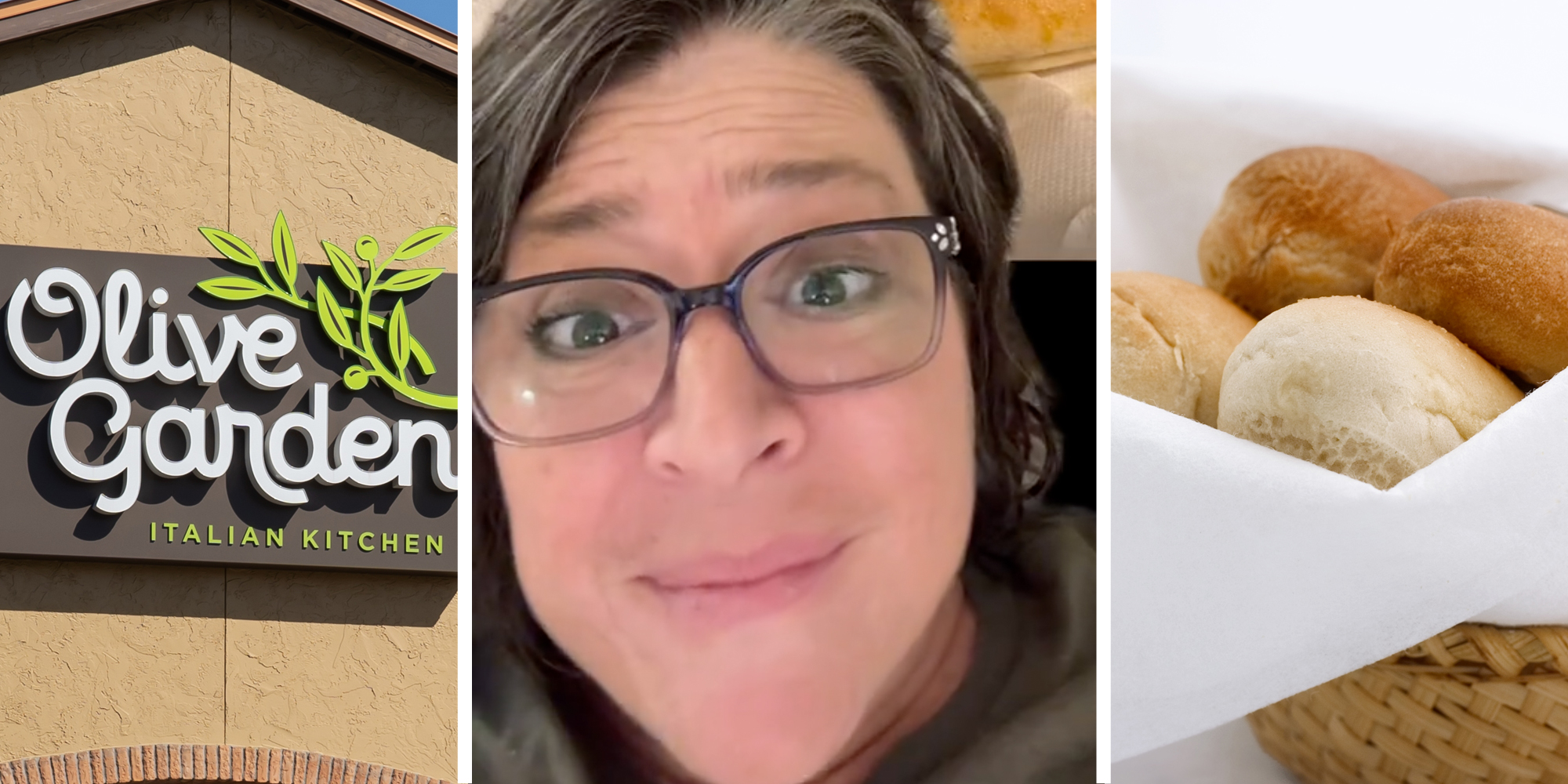 Olive Garden sign(L), Woman talking(c), Breadsticks in bowl(r)