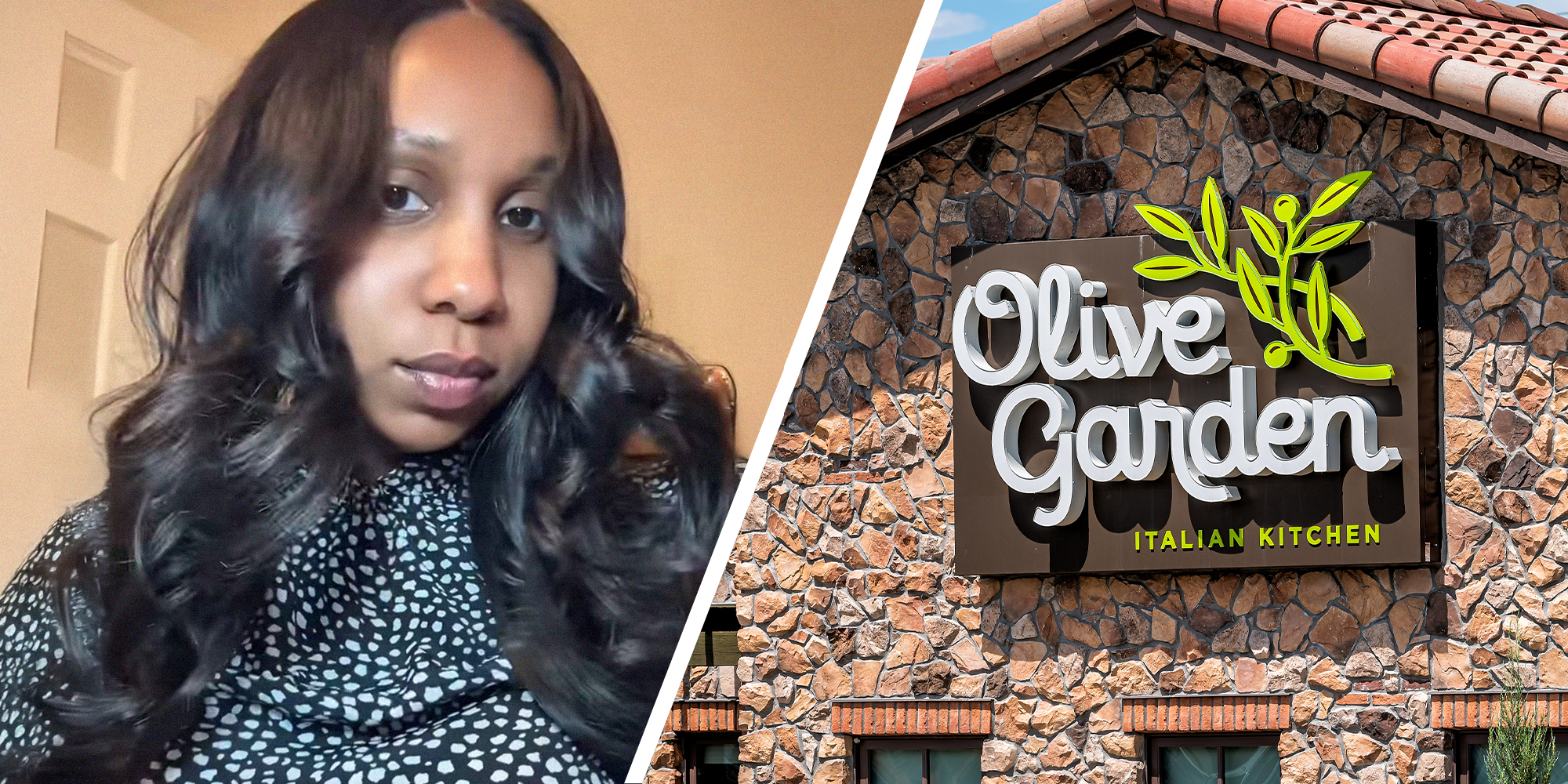 woman shares which meal she buys at olive garden(l) Olive Garden Logo on Building(r)