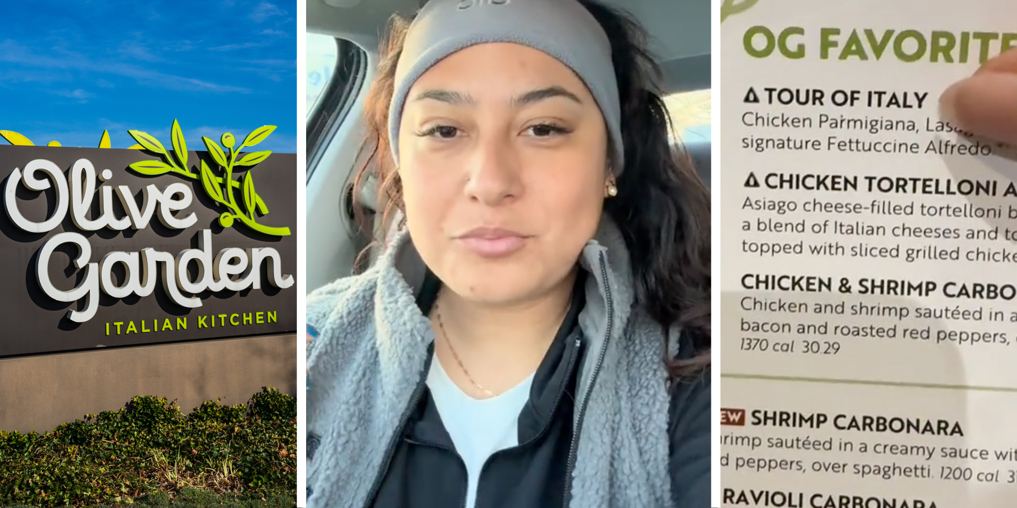 Olive Garden(l), Woman talking(c), Olive garden menu(r)