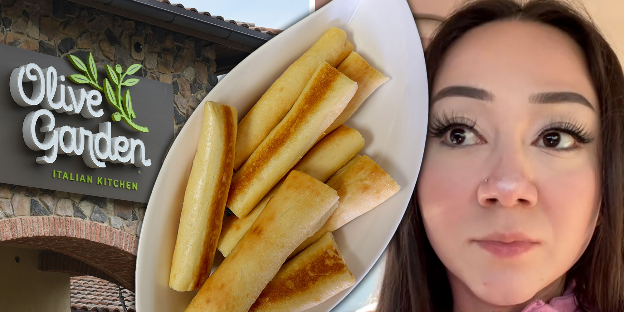 Left: Photo of an Olive Garden Exterior; Center: Photo of Olive Garden Breadsticks; Right: Screenshot of Tiktok user @@chantalcaz.