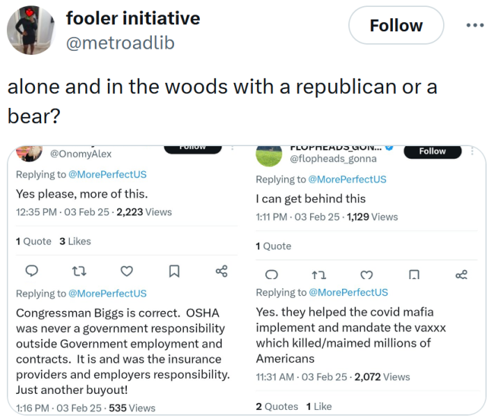 Screenshots of anti-OSHA tweets with text reading "alone in the woods with a republican or a bear?"