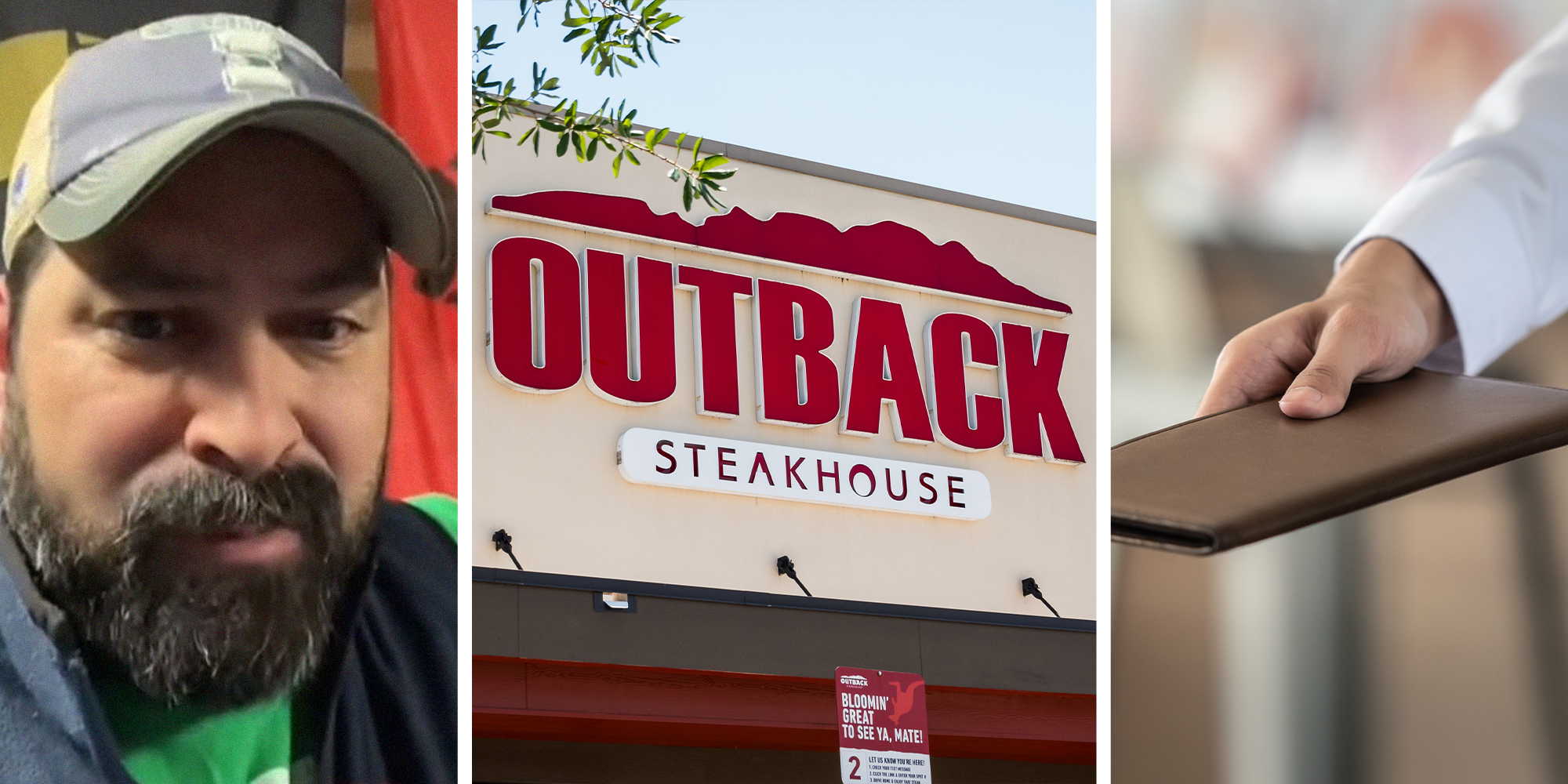 man shares what he received from server at outback steakhouse(l) Outback steakhouse restaurant(c) Person handing out check(r)