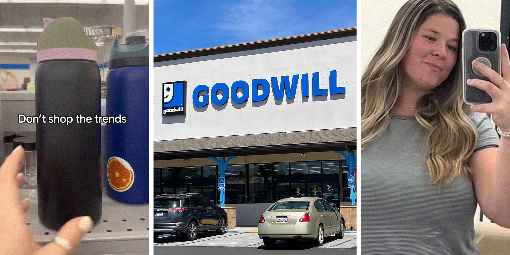 Owala bottle at Goodwill(l) Goodwill store front(c) Woman shares what she found at goodwill(r)