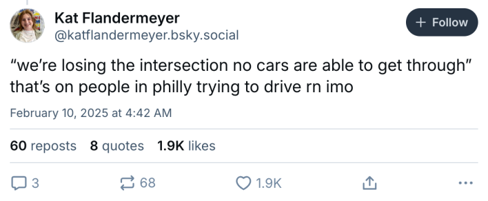 Phillies Superbowl police scanner thread, text reads, "'we’re losing the intersection no cars are able to get through' that’s on people in philly trying to drive rn imo"