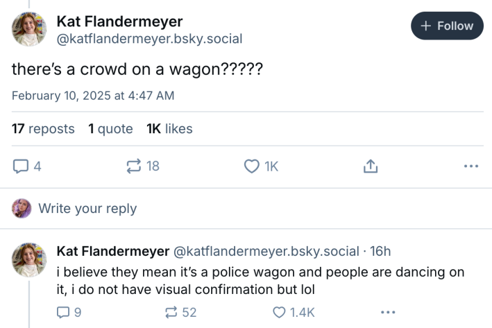 Phillies Superbowl police scanner thread, text reads, "there’s a crowd on a wagon?????" followed by "i believe they mean it’s a police wagon and people are dancing on it, i do not have visual confirmation but lol"