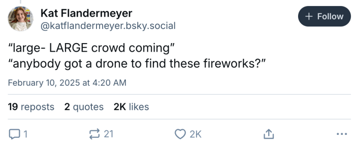 Phillies Superbowl police scanner thread, text reads, "'large- LARGE crowd coming' 'anybody got a drone to find these fireworks?'”