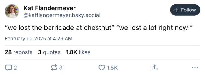 Phillies Superbowl police scanner thread, text reads, "'we lost the barricade at chestnut' 'we lost a lot right now!'”