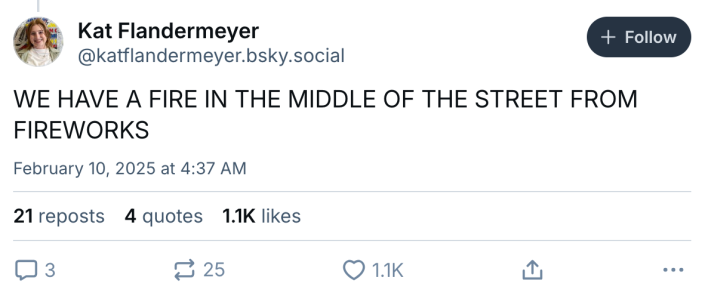 Phillies Superbowl police scanner thread, text reads, "WE HAVE A FIRE IN THE MIDDLE OF THE STREET FROM FIREWORKS"