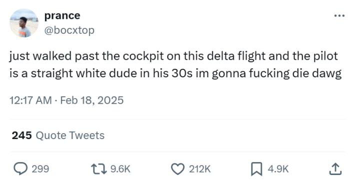 Plane crash meme, text reads, "just walked past the cockpit on this delta flight and the pilot is a straight white dude in his 30s im gonna f*cking die dawg"