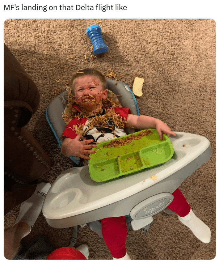 Plane crash meme, text reads, "MF's landing on that Delta flight like" with a photo of a little kid flipped over in his high chair, noodles all over him.