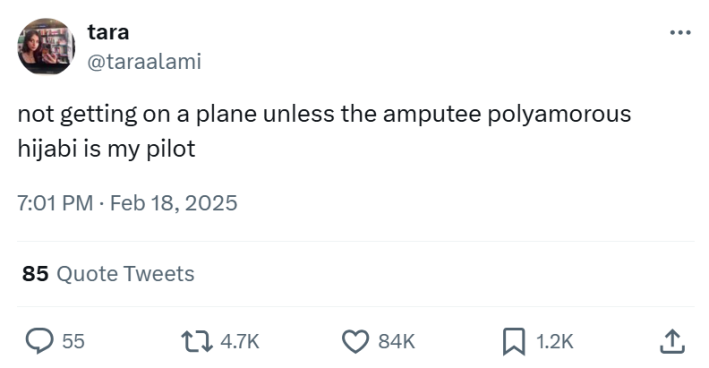 Plane crash meme, text reads, "not getting on a plane unless the amputee polyamorous hijabi is my pilot"