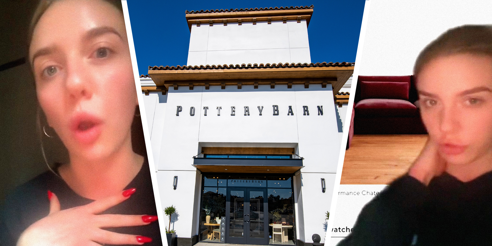 3 panel image: on the sides a person explains, in the middle is a Pottery Barn store.