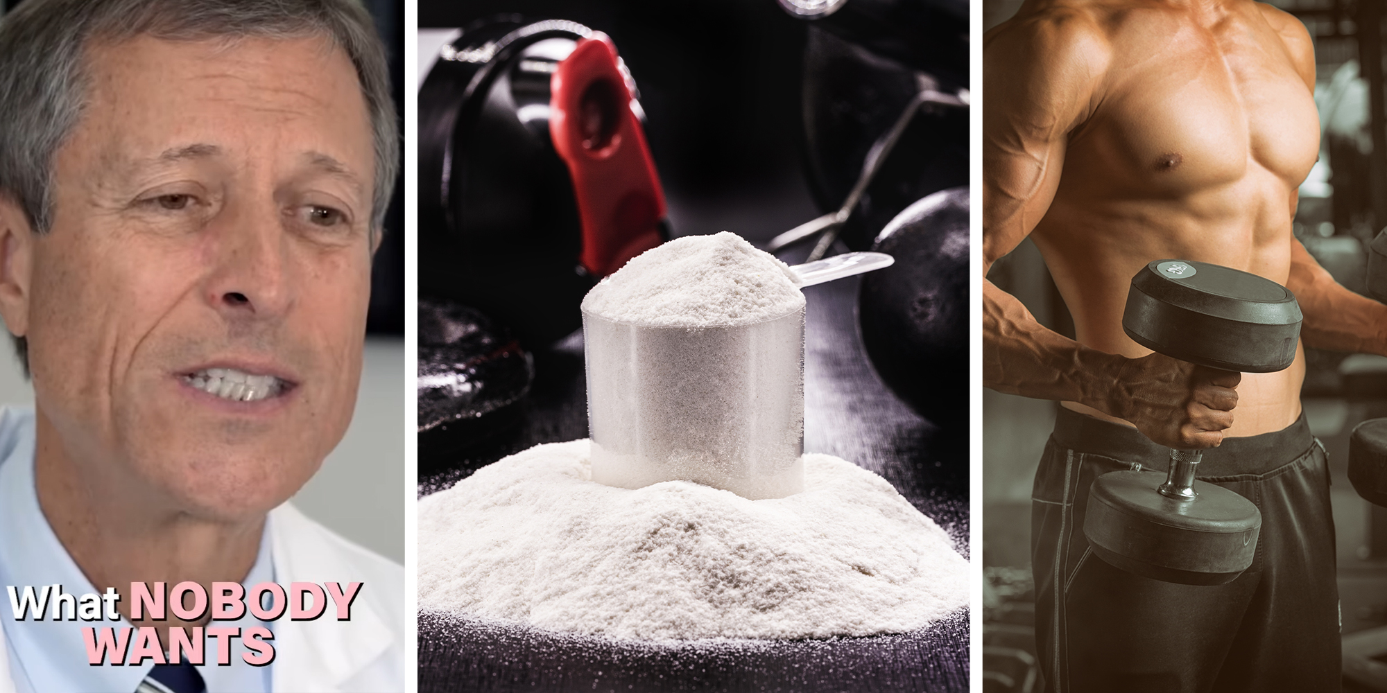 doctor warns about protein powder(l) Protein Powered on measuring cup(c) Bodybuilding holding weights(r)