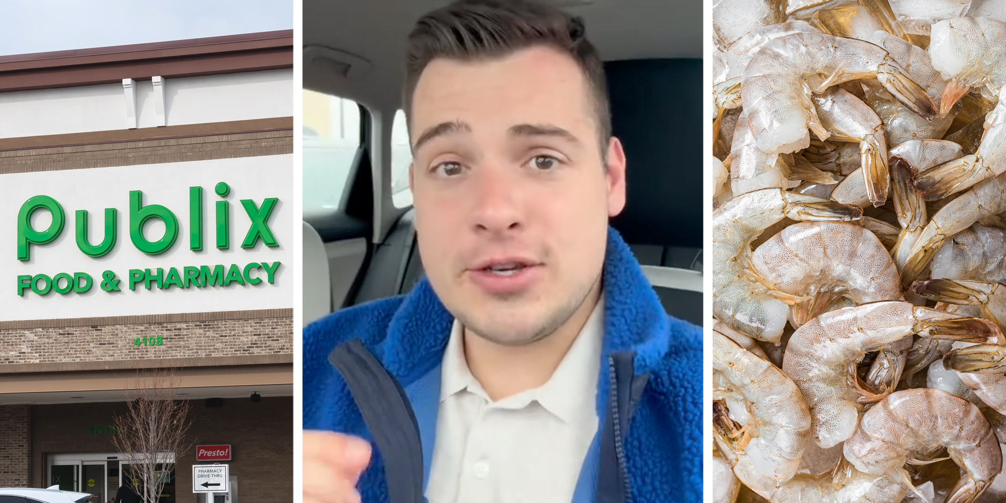 Publix storefront(L), Man talking(c), Frozen shrimp(r)