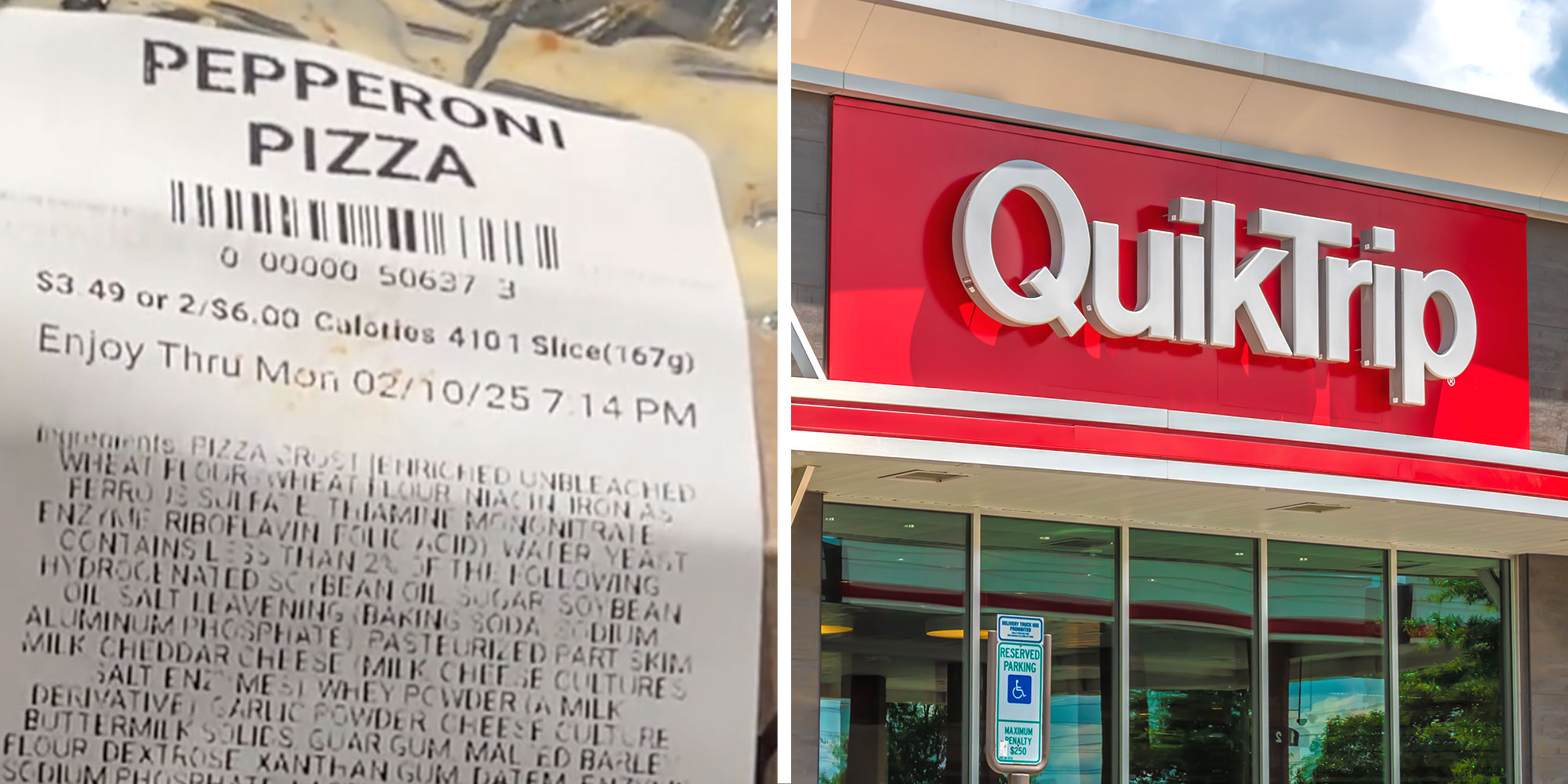 Screenshot from @adrovelle's Tiktok of a Quiktrip Pepperoni Pizza label; Photo of a QuikTrip exterior.