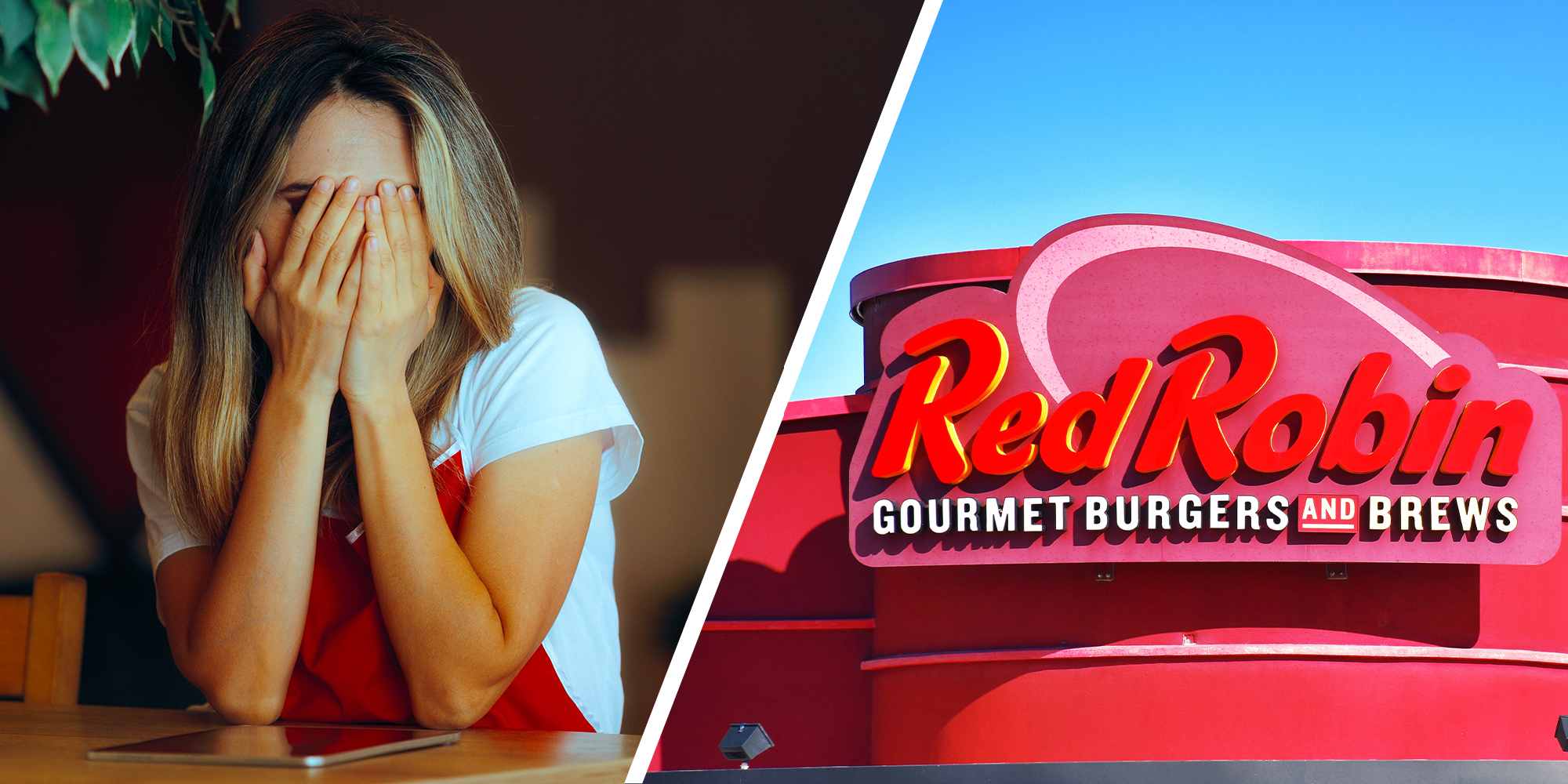 waitress covering her face(l) Red Robin Restaurant Logo on building(r)