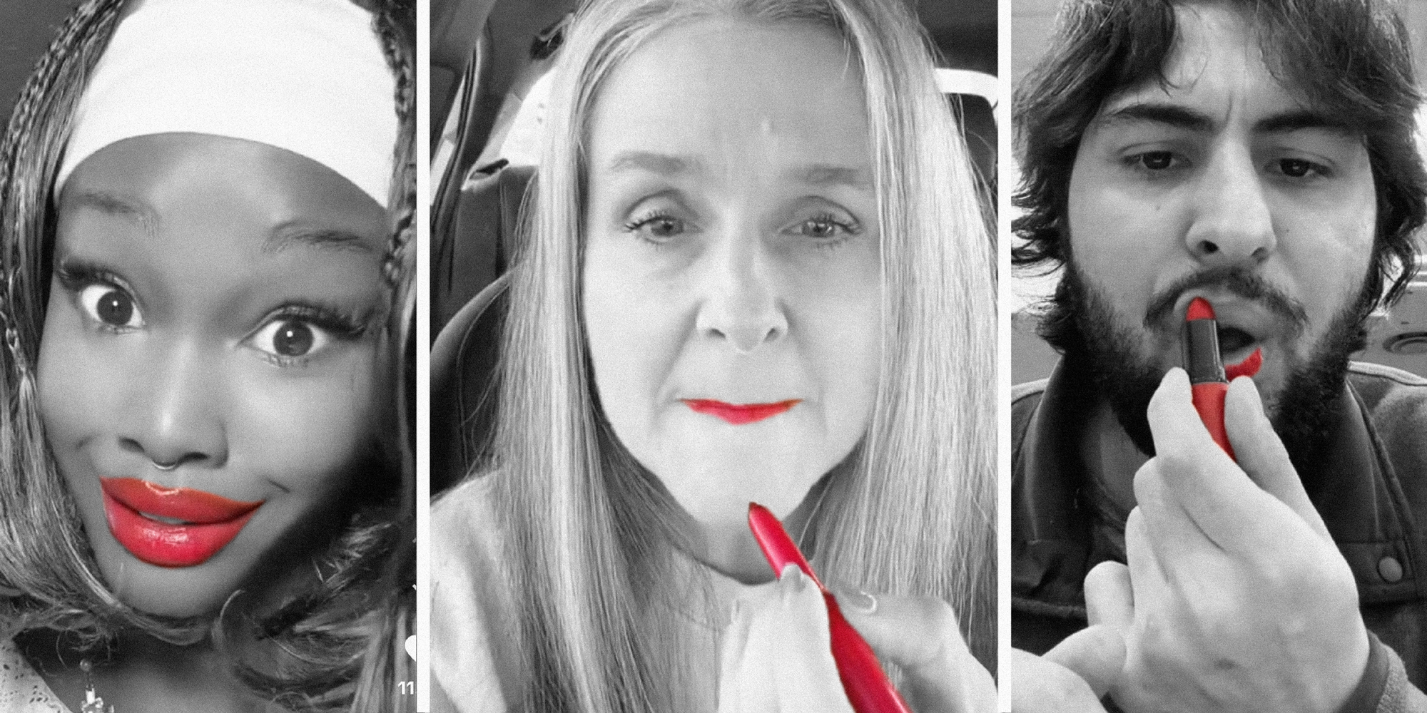 3 panel image of 3 different people wearing red lipstick.
