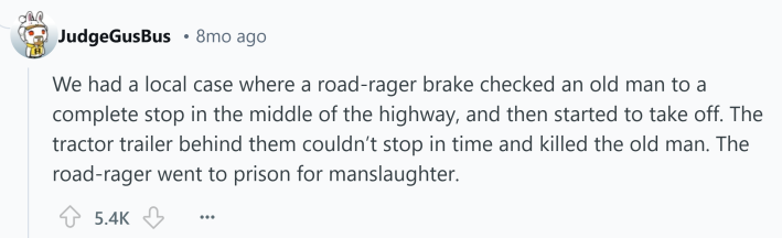 Reddit comment about something that kills you. Text reads, " We had a local case where a road-rager brake checked an old man to a complete stop in the middle of the highway, and then started to take off. The tractor trailer behind them couldn’t stop in time and killed the old man. The road-rager went to prison for manslaughter."