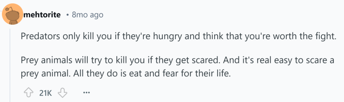 Reddit comment about something that kills you. Text reads, "Predators only kill you if they're hungry and think that you're worth the fight. Prey animals will try to kill you if they get scared. And it's real easy to scare a prey animal. All they do is eat and fear for their life."