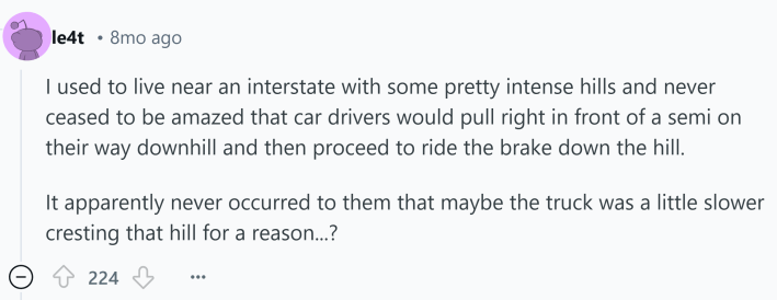 Reddit comment about something that kills you. Text reads, "I used to live near an interstate with some pretty intense hills and never ceased to be amazed that car drivers would pull right in front of a semi on their way downhill and then proceed to ride the brake down the hill. It apparently never occurred to them that maybe the truck was a little slower cresting that hill for a reason...?"