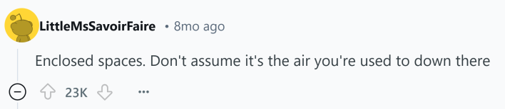 Reddit comment about something that kills you. Text reads, "Enclosed spaces. Don't assume it's the air you're used to down there"