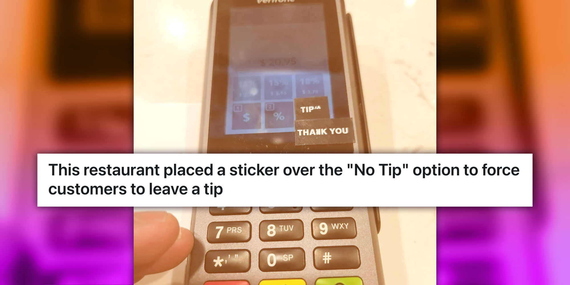 Screenshot from Reddit user @syzygee_alt with the caption "This restaurant place a sticker over the 'No Tip' option to force customers to leave a tip".