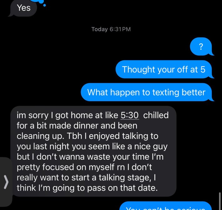 Text message between a man a woman gently rejecting him.