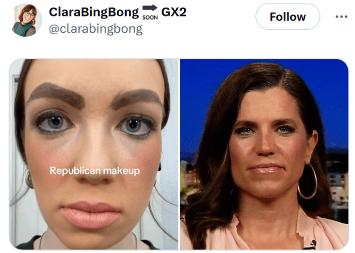 Tweet with side by side images of a Republican makeup TikTok video and Rep. Nancy Mace.