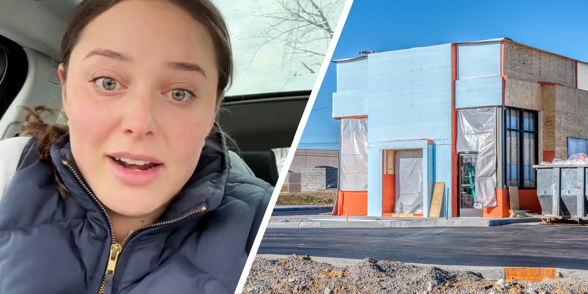 Woman talking(l), Restaurant under construction(r)