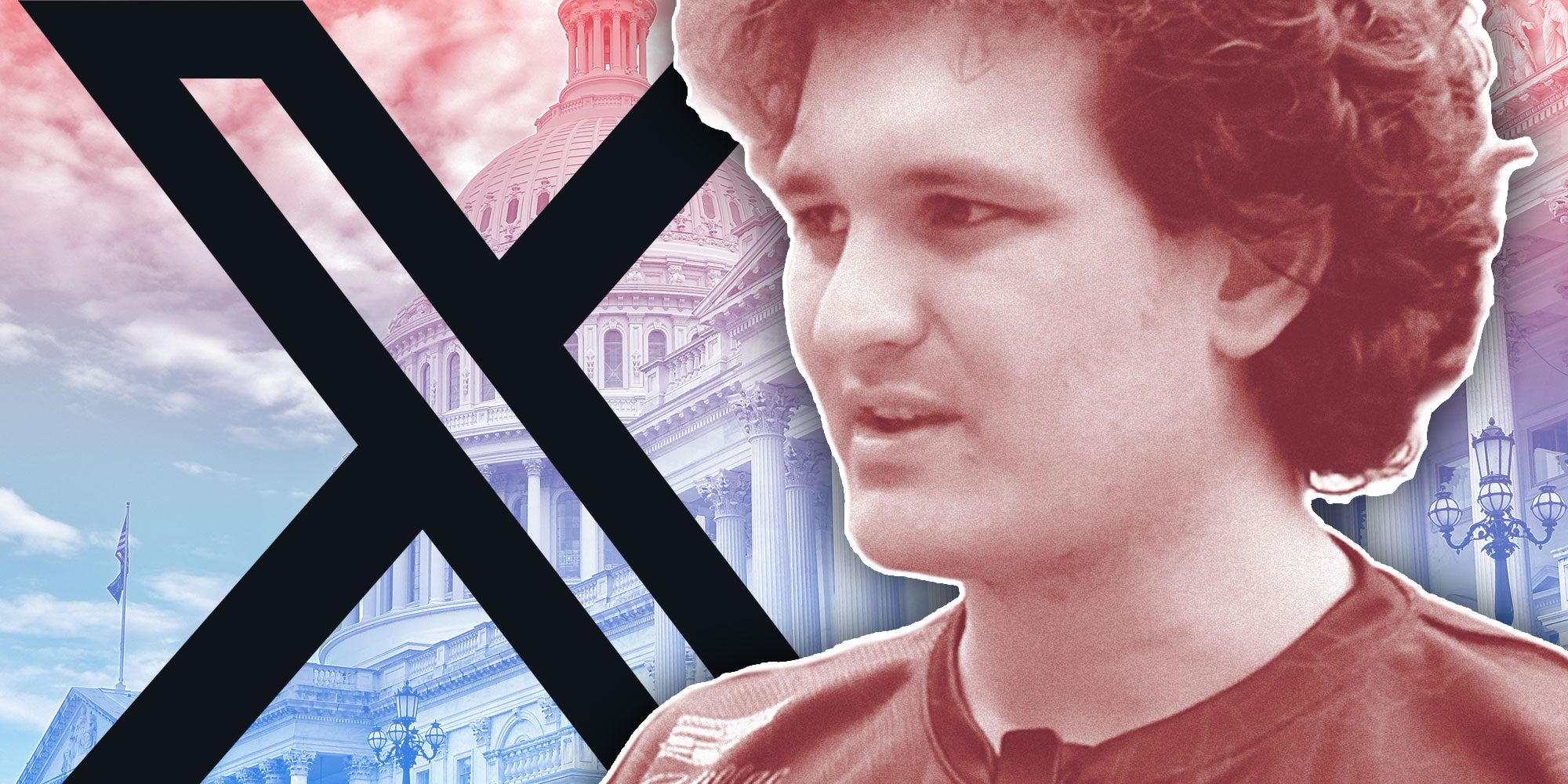 Photo of Sam Bankman Fried; The logo for X; Photo of the Capitol building.