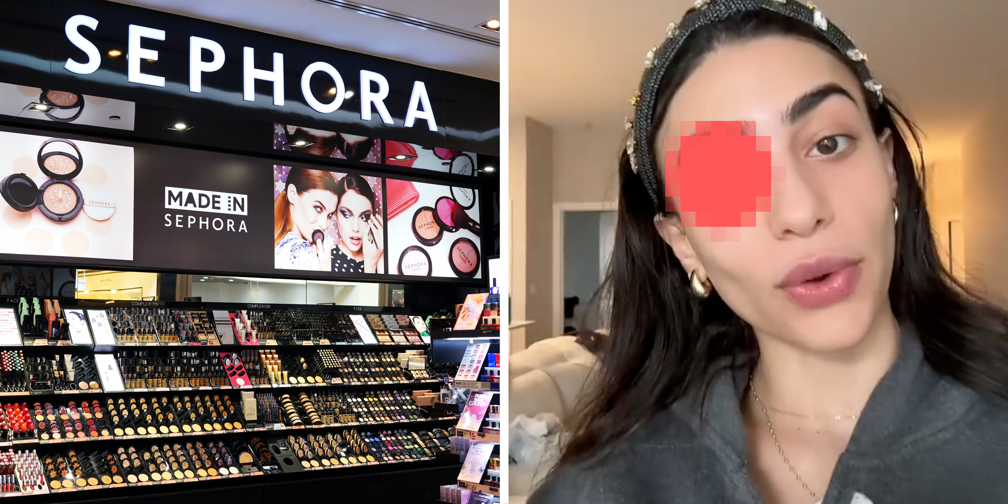 Sephora display(l), Woman talking with censored eye(r)