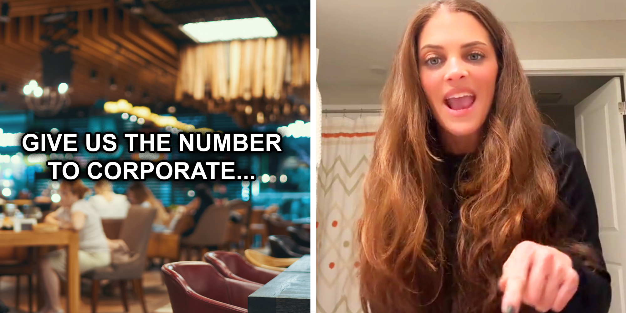 2 panel image: on the left is the words "Give us the number to corporate..." in front a blurred restaurant background, and on the right a person explains.