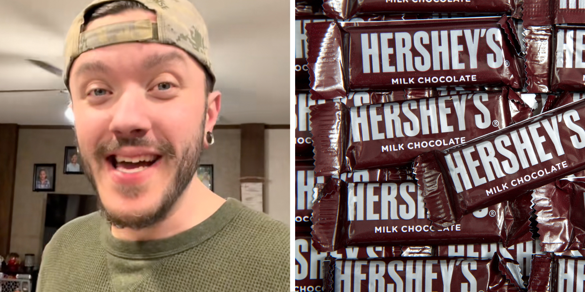 Man talking(l), Hershey bars(r)