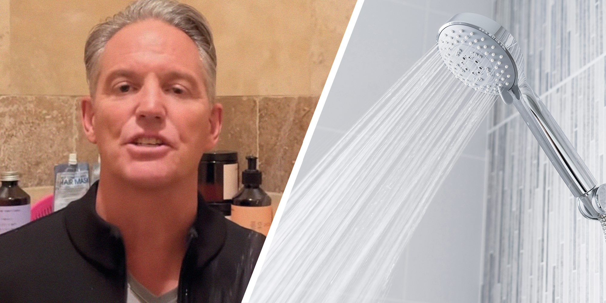 Man shares what happens when you take a shower(l) Water running from shower head and faucet in modern bathroom(r)