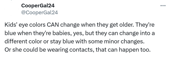 Theory about why Shrek and Fiona's daughter has brown eyes. Text reads, "Kids' eye colors CAN change when they get older. They're blue when they're babies, yes, but they can change into a different color or stay blue with some minor changes. Or she could be wearing contacts, that can happen too."