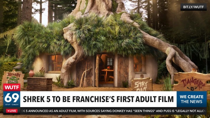 Shrek 5 reaction meme that is a view of Shrek's swamp home. Text in the style of a news station's lower thirds reads, "Shrek 5 to be franchise's first adult film."