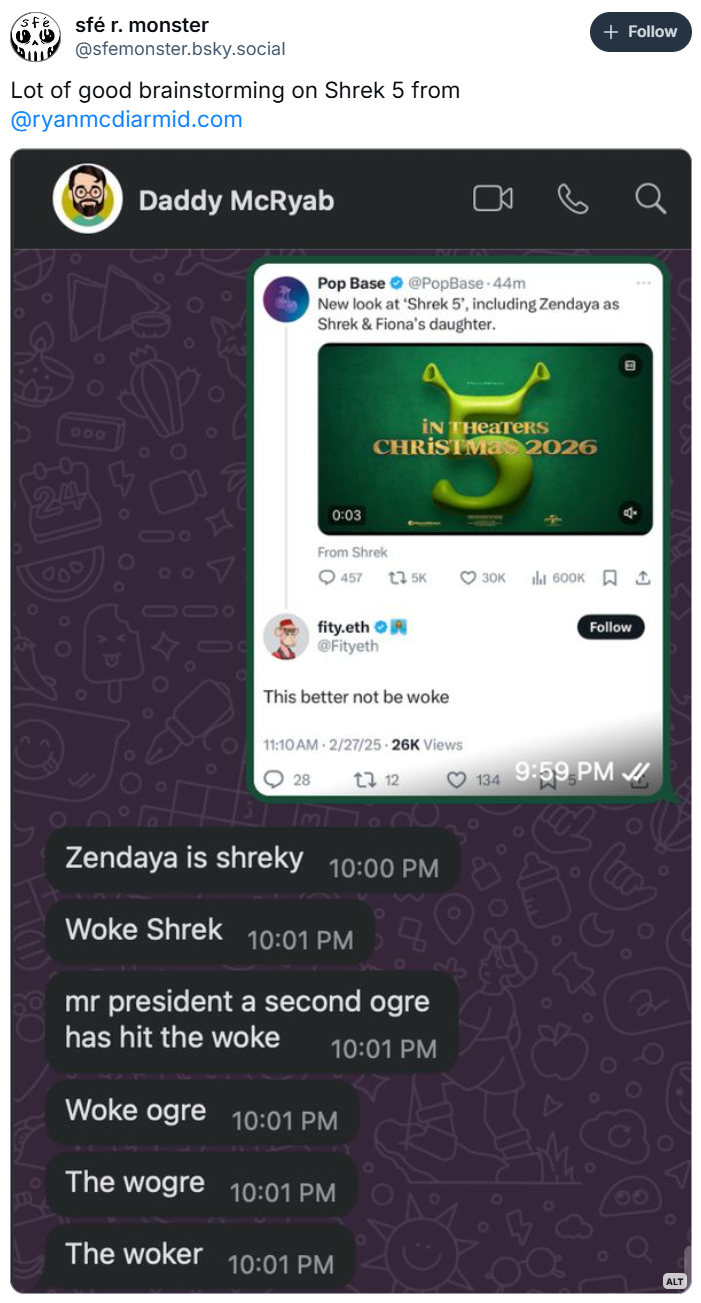 Shrek 5 reaction meme. A screenshot of a WhatsApp conversation. Pop Base announcing Shrek 5, with a NFT monkey blue-check X user saying "this better not be woke." Ryan replies six times in a row with "Zendaya is shreky" "woke shrek" "mr president a second ogre has hit the woke" "woke ogre" "the wogre" "the woker"