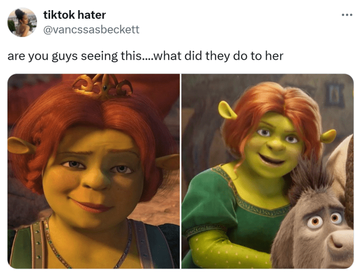 Shrek 5 reaction meme. Text reads, "are you guys seeing this....what did they do to her" with screencaps of Fiona.