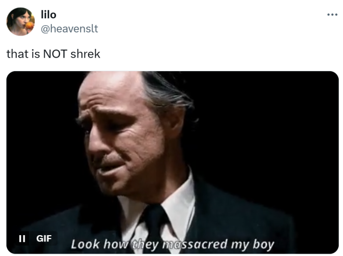 Shrek 5 reaction meme. Text reads, "that is NOT shrek." with a GIF saying, "Look how they massacred my boy."