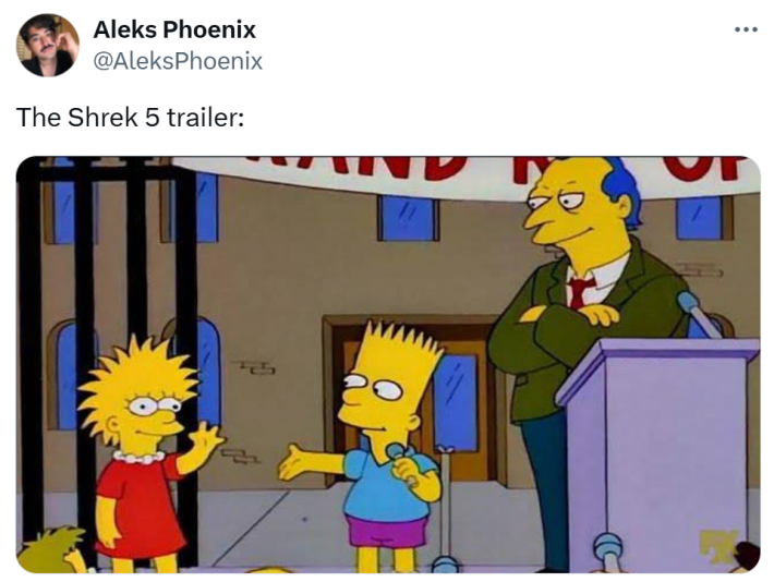 Shrek 5 reaction meme. Text reads, "The Shrek 5 trailer:" with a screencap from The Simpsons where Bart and Lisa look just a little bit wrong.
