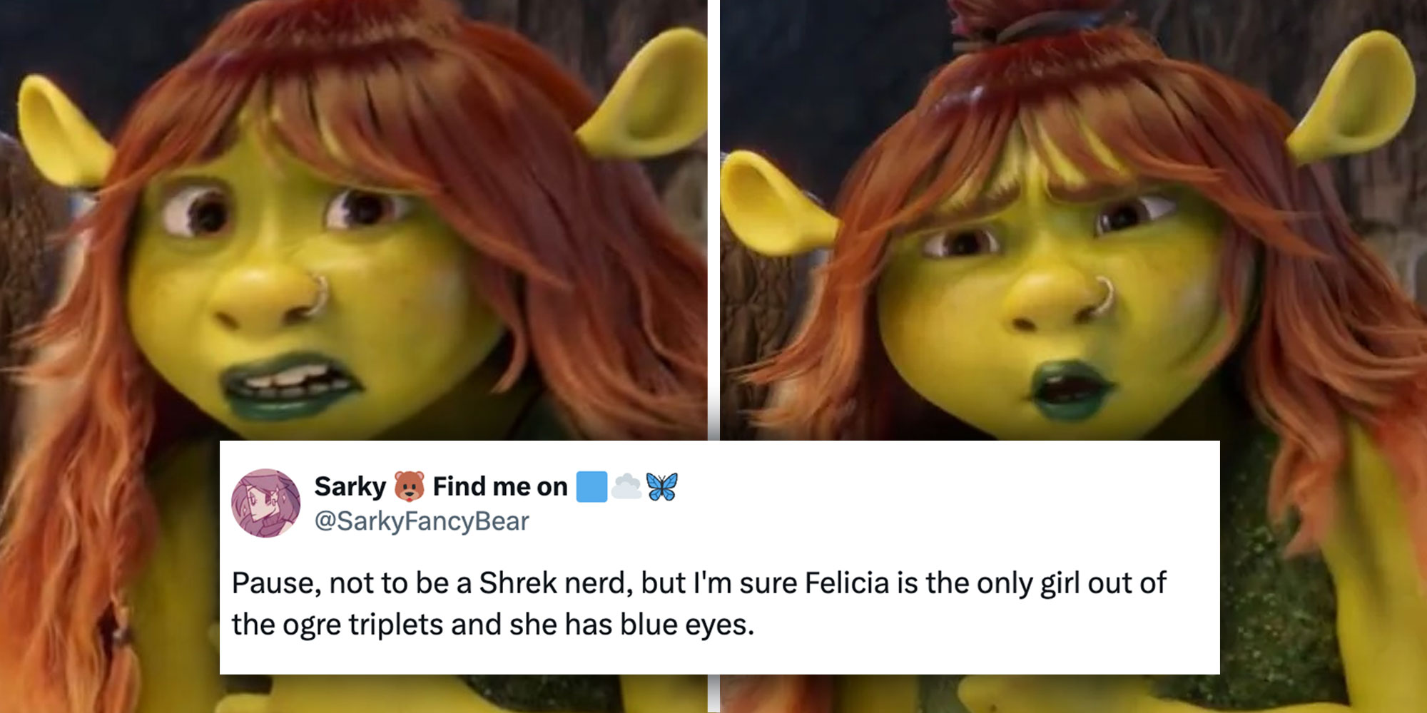 Screenshot of a tweet from X user @SarkyFancyBear: "Pause, not to be a Shrek nerd, but I'm sure Felicia is the only girl out of the ogre triplets and she has blue eyes."; Background: Side by Side promotional images of Shrek's daughter from Shrek 5